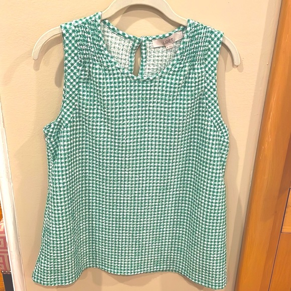 LOFT Green Gingham Sleeveless Tank Top Smocked Shoulder Shell - Picture 3 of 7